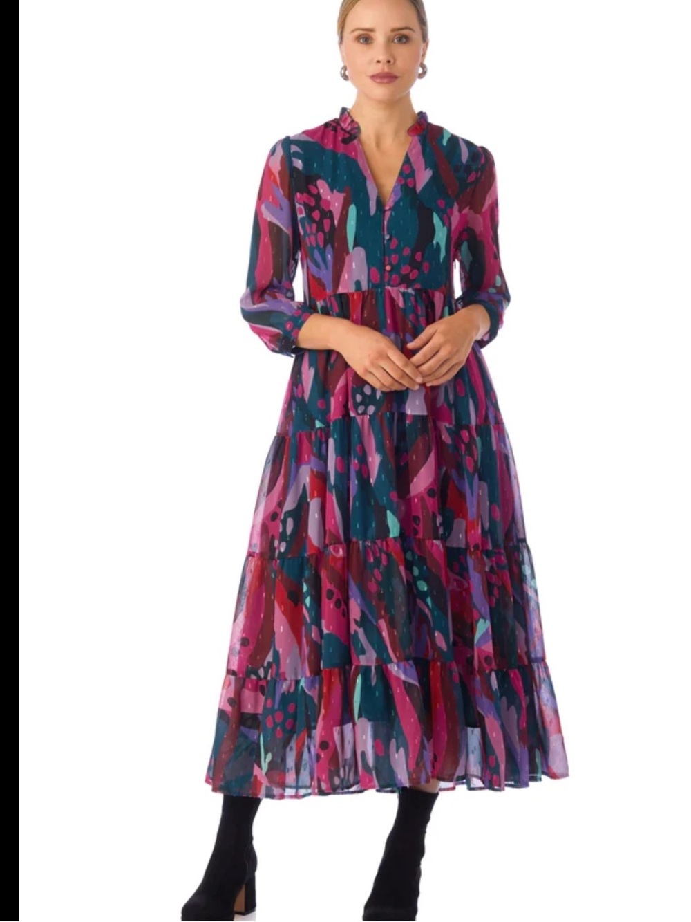 Crosby by Mollie Dress - Multicolor Abstract Tiered Midi Dress